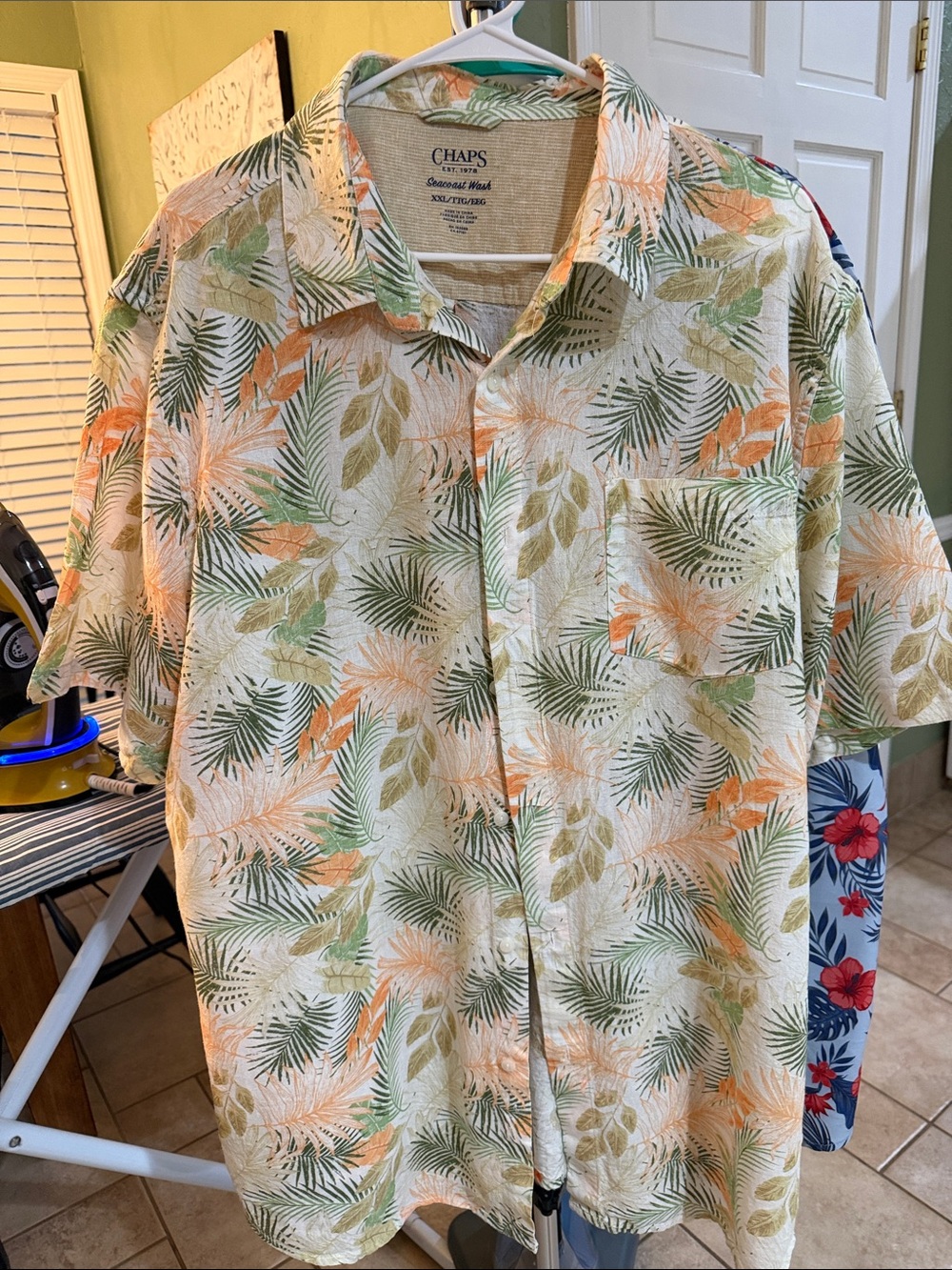 Chaps Tropical Leaf Print Short Sleeve Shirt - Cream, Green, Orange